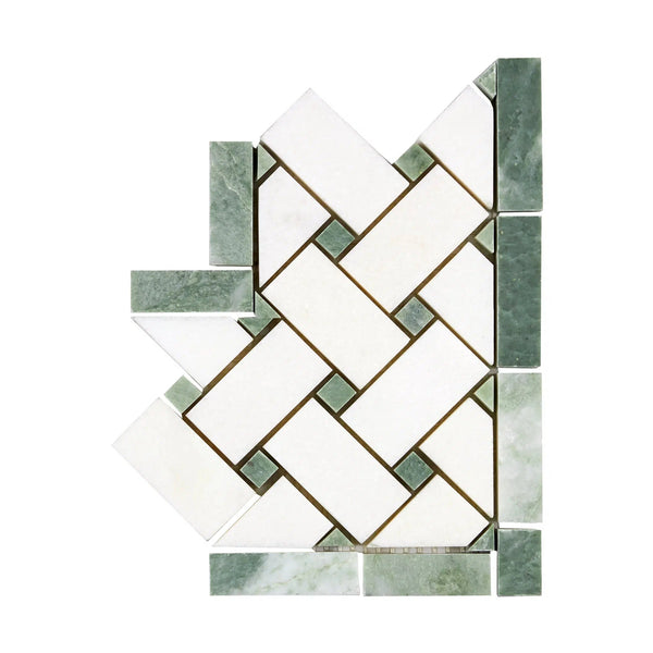 Thassos White Basketweave Border CORNER (w/ Ming-Green) Marble Polished-Honed