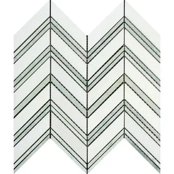 Thassos White Chevron (LARGE) (w/ Ming-Green) Mosaic Marble Polished-Honed