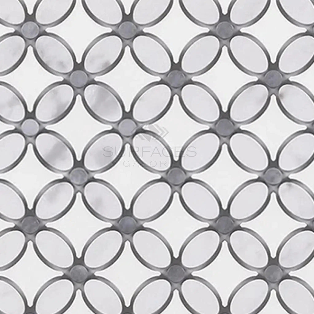 Thassos White Florida Flower Mosaic (Thassos+White Carrara(Oval)+Blue-Gray (Dots)) Marble Polished-Honed