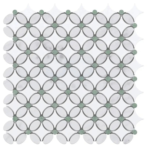 Thassos White Florida Flower Mosaic (Thassos+White Carrara(Oval)+Ming Green (Dots)) Marble Polished-Honed