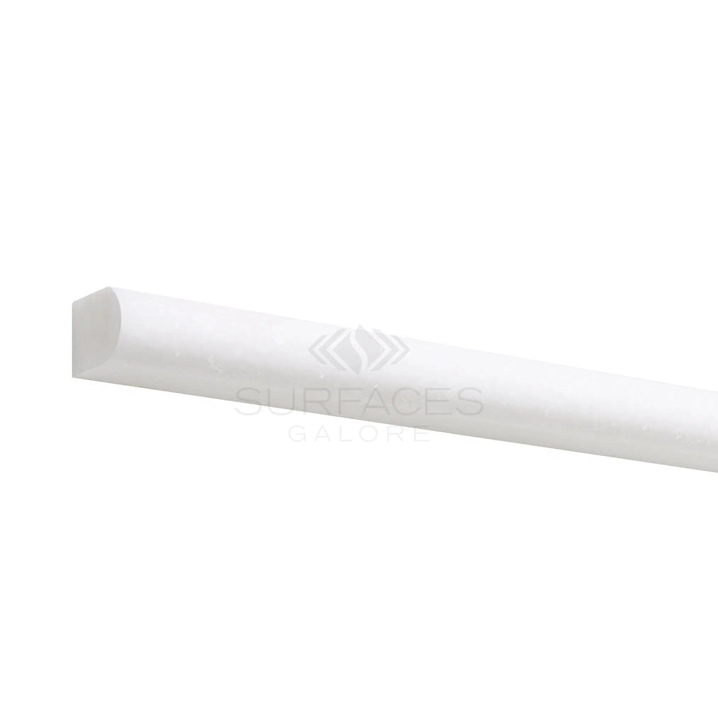 SurfacesGalore presents the Thassos White (Greek) 1/2X12 Pencil Liner Marble Polished-Honed backsplash piece, featuring elegantly beveled edges against a pristine, white background.