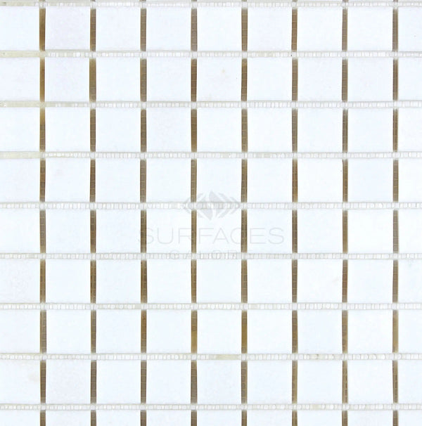 SurfacesGalore's Thassos White (Greek) 1X1 Mosaic Marble Polished-Honed tiles, arranged in a grid pattern with narrow grout lines.