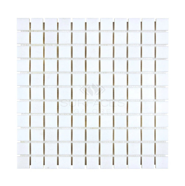 A square grid of SurfacesGalore Thassos White (Greek) 1X1 Mosaic Marble Polished-Honed tiles arranged in a regular pattern with thin grout lines.