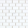 Thassos White (Greek) 1X2 Brick Mosaic Marble Polished-Honed tiles in a white rectangular pattern with thin grout lines, creating a subtle shadow effect and featuring the text "SurfacesGalore," reminiscent of pure white marble.