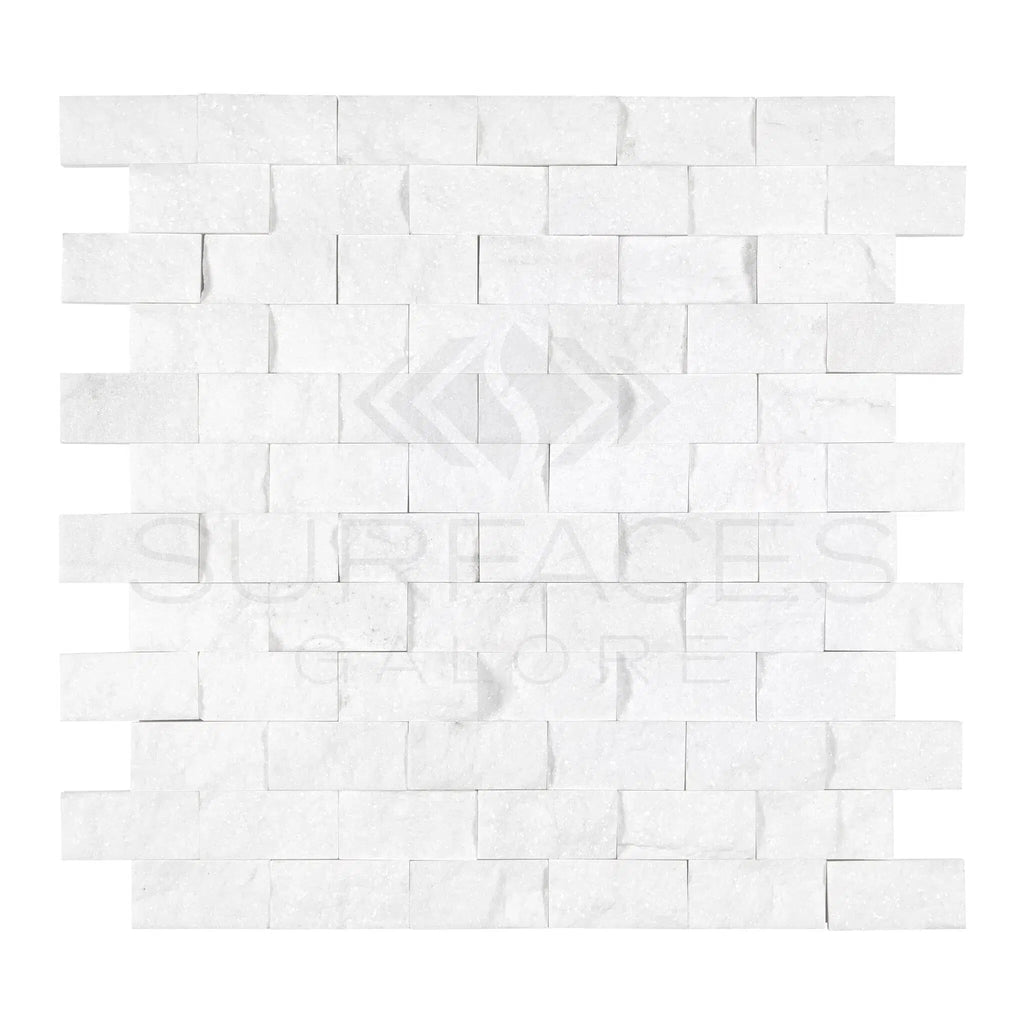 Thassos White (Greek) 1X2 Brick Mosaic Marble Split - Faced - SurfacesGalore