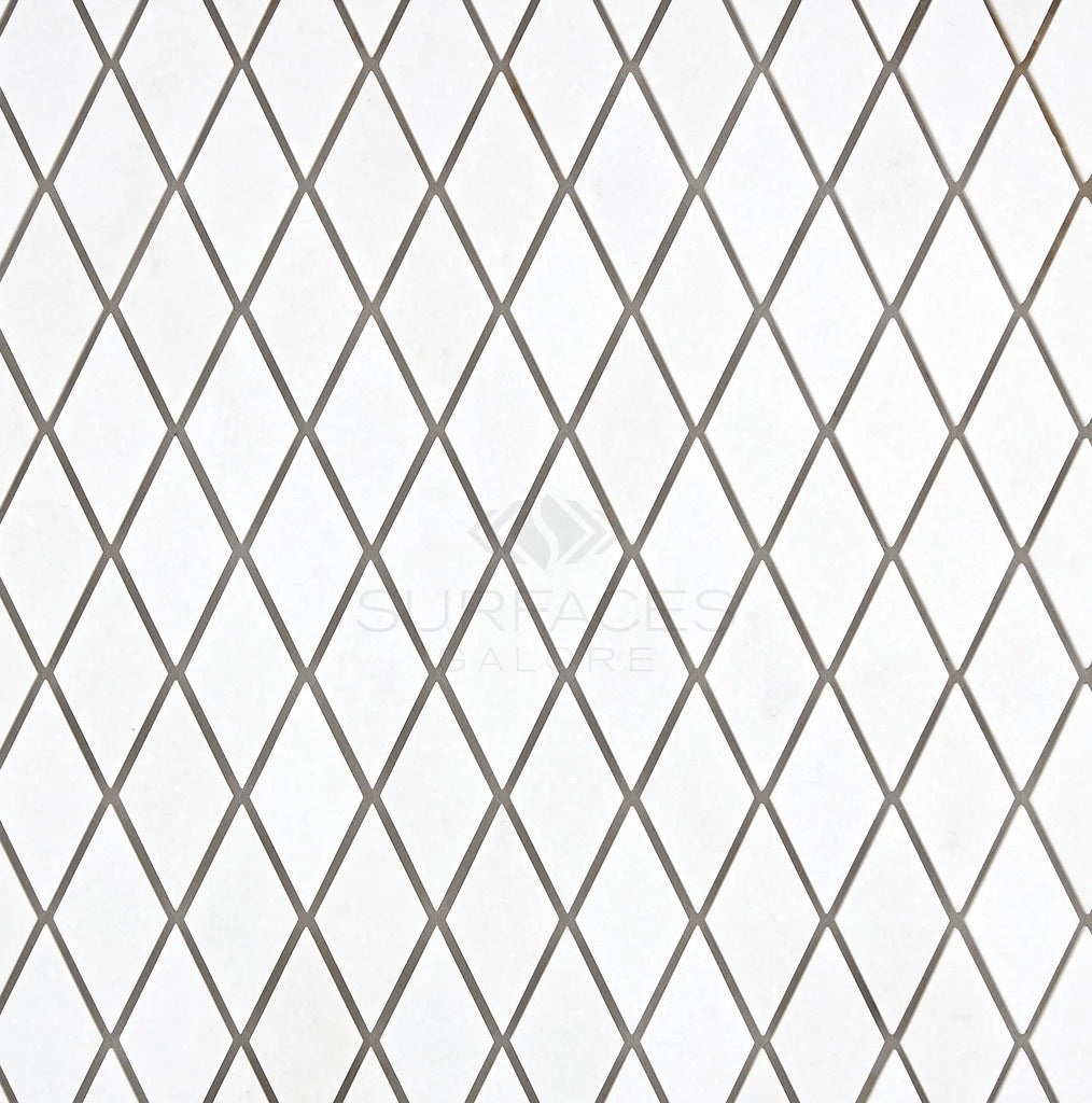 The Thassos White (Greek) 1x2 Diamond / Rhomboid Mosaic Marble Polished-Honed by SurfacesGalore features a grid formation pattern with slightly textured, light-colored tiles reminiscent of pure white marble from Thassos.