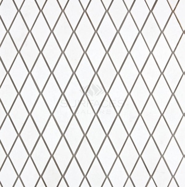 The Thassos White (Greek) 1x2 Diamond / Rhomboid Mosaic Marble Polished-Honed by SurfacesGalore features a grid formation pattern with slightly textured, light-colored tiles reminiscent of pure white marble from Thassos.