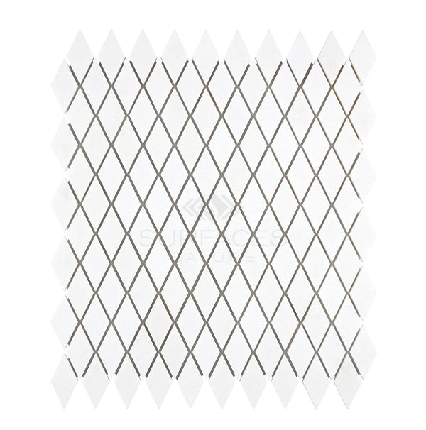 Thassos White (Greek) 1X2 Diamond / Rhomboid Mosaic Marble Polished-Honed tiles by SurfacesGalore arranged in a symmetrical grid pattern on a pure white marble background.