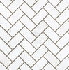 Thassos White (Greek) 1X2 Herringbone Mosaic Marble Polished-Honed tiles with grey grout lines create a chevron pattern, featuring the SurfacesGalore logo at the center.