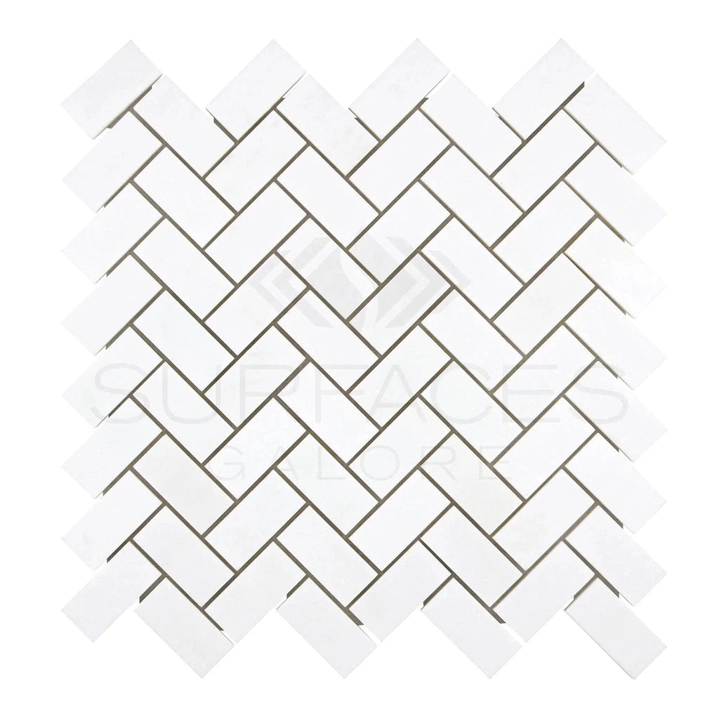 Thassos White (Greek) 1X2 Herringbone Mosaic Marble Polished - Honed - SurfacesGalorePolished