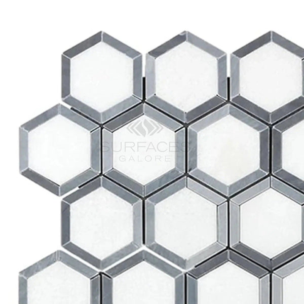 Thassos White (Greek) 2X2 Vortex Hexagon (w/ Blue - Gray) Mosaic Marble Polished - Honed - SurfacesGalorePolished