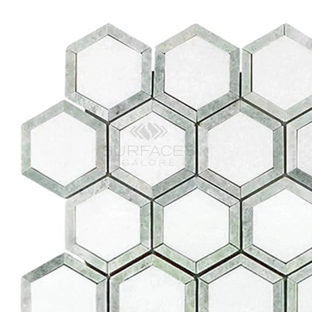 Thassos White (Greek) 2X2 Vortex Hexagon (w/ Ming - Green) Mosaic Marble Polished - Honed - SurfacesGalorePolished