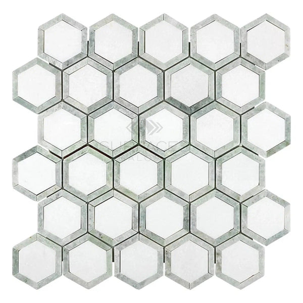 Thassos White (Greek) 2X2 Vortex Hexagon (w/ Ming - Green) Mosaic Marble Polished - Honed - SurfacesGalorePolished