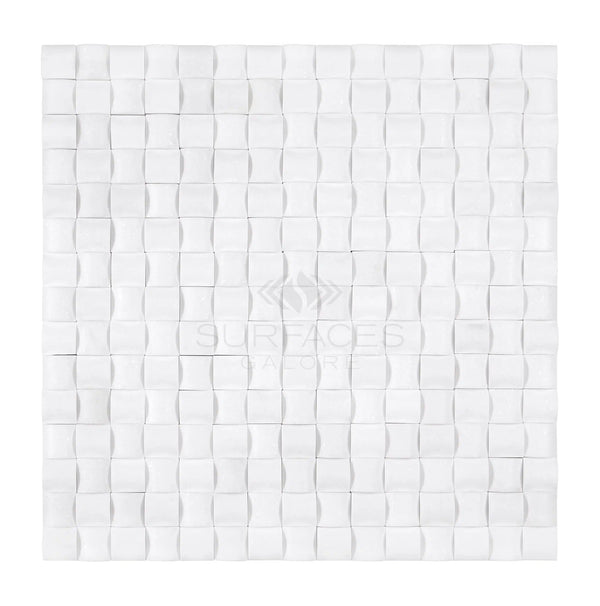 Introducing the Thassos White (Greek) 3-D Small-Bread Mosaic Marble Polished-Honed from SurfacesGalore, a luxurious white, square tile mosaic featuring a wavy, three-dimensional pattern.