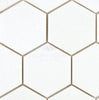 Thassos White (Greek) 3X3 Hexagon Mosaic Marble Polished-Honed tiles with grey grout, arranged in a honeycomb pattern, give a luxurious look. Branding "SurfacesGalore" in the center.