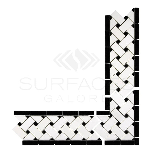 Thassos White (Greek) 4 3/4X12 Basketweave Border (w/ Black) Marble Polished - Honed - SurfacesGalorePolished