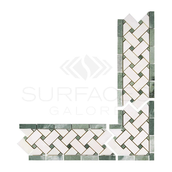 Thassos White (Greek) 4 3/4X12 Basketweave Border (w/ Ming - Green) Marble Polished - Honed - SurfacesGalorePolished