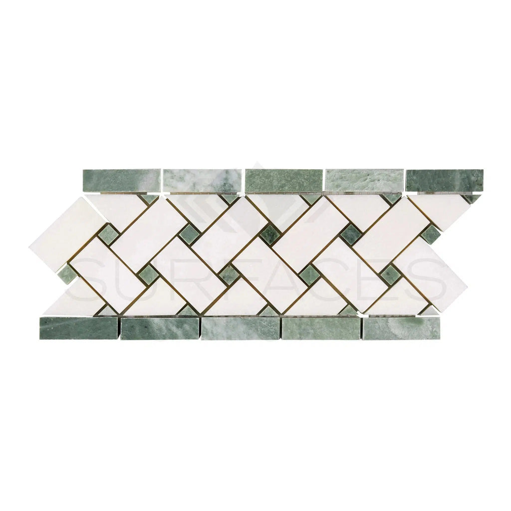 Thassos White (Greek) 4 3/4X12 Basketweave Border (w/ Ming - Green) Marble Polished - Honed - SurfacesGalorePolished