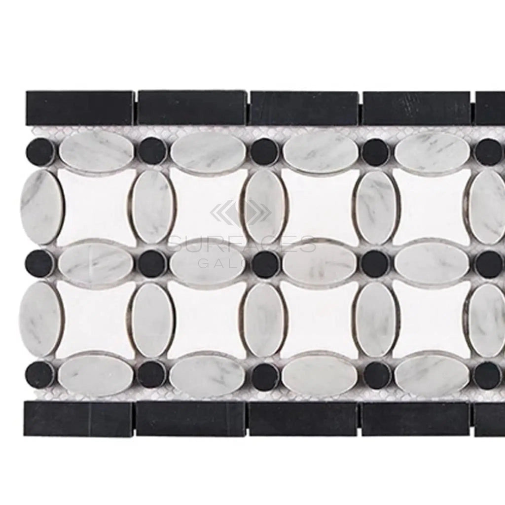 Thassos White (Greek) 5 3/4X11 1/4 Florida Flower Border (Thassos+White Carrara(Oval)+Black (Dots) Marble Polished - Honed - SurfacesGalorePolished