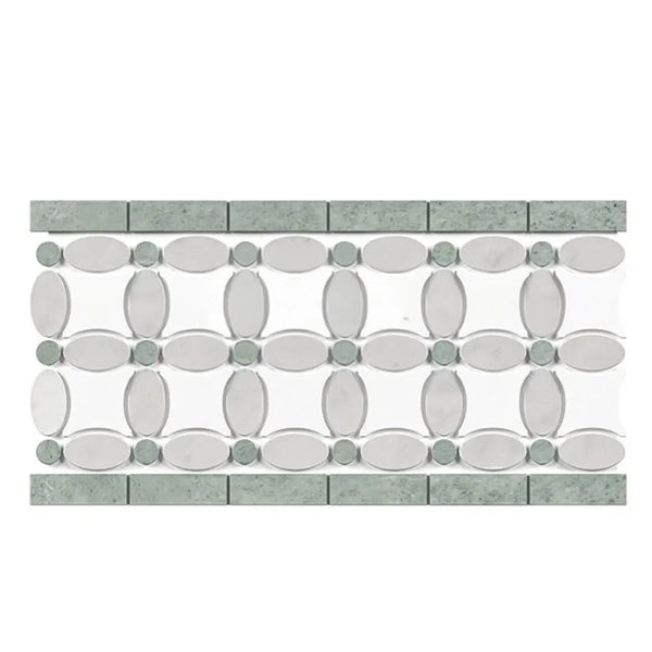 Thassos White (Greek) 5 3/4X11 1/4 Florida Flower Border (Thassos+White Carrara(Oval)+Ming-Green(Dots) Marble Polished-Honed