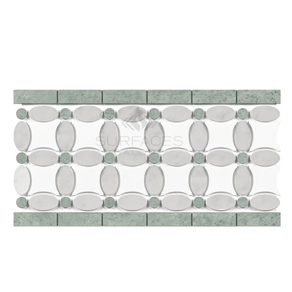 Thassos White (Greek) 5 3/4X11 1/4 Florida Flower Border (Thassos+White Carrara(Oval)+Ming - Green(Dots) Marble Polished - Honed - SurfacesGalorePolished