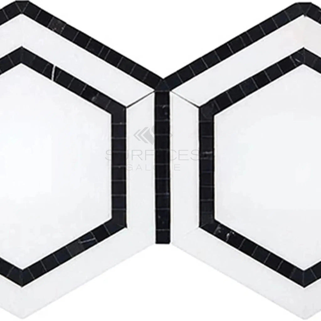 Thassos White (Greek) 5X5 Hexagon Combination w/Black Mosaic Marble Polished - Honed - SurfacesGalorePolished