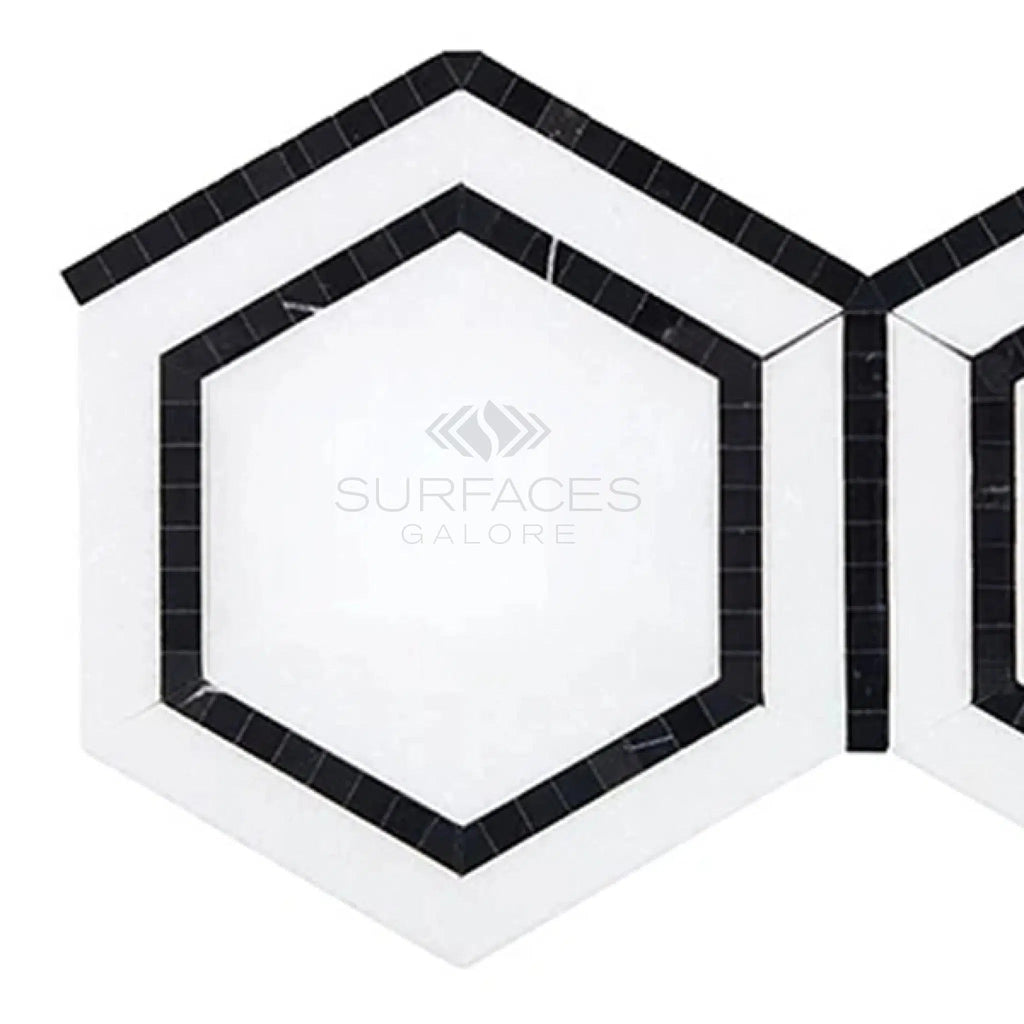 Thassos White (Greek) 5X5 Hexagon Combination w/Black Mosaic Marble Polished - Honed - SurfacesGalorePolished