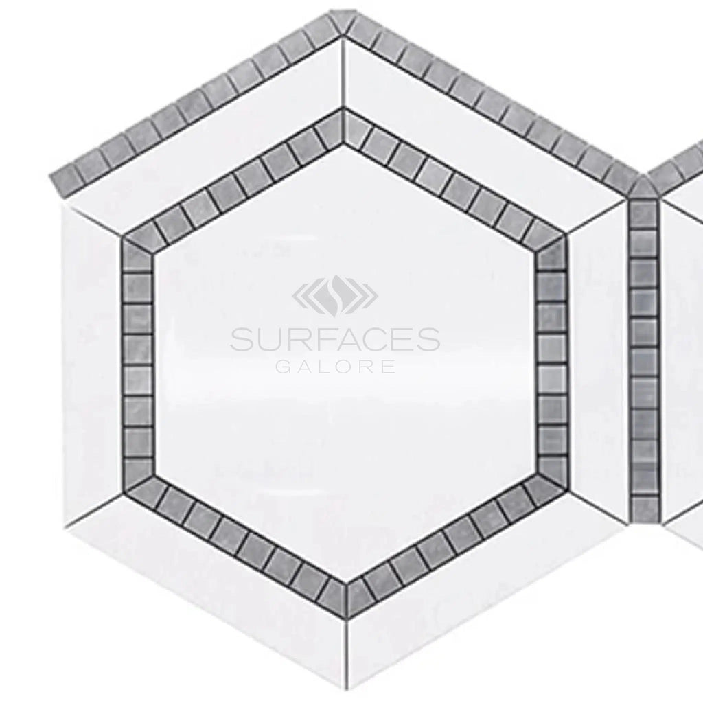 Thassos White (Greek) 5X5 Hexagon Combination w/Blue - Gray Mosaic Marble Polished - Honed - SurfacesGalorePolished