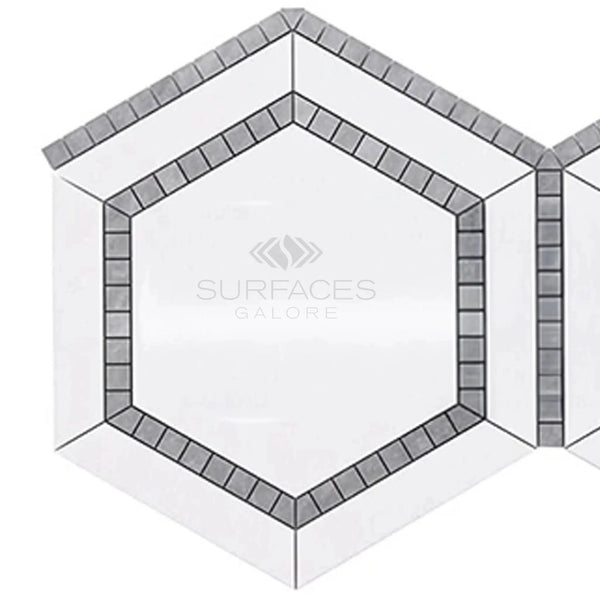 Thassos White (Greek) 5X5 Hexagon Combination w/Blue - Gray Mosaic Marble Polished - Honed - SurfacesGalorePolished