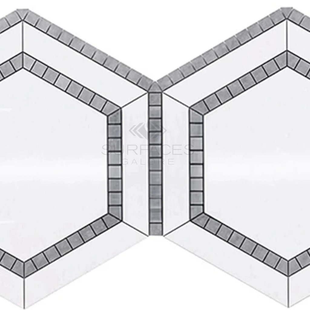 Thassos White (Greek) 5X5 Hexagon Combination w/Blue - Gray Mosaic Marble Polished - Honed - SurfacesGalorePolished