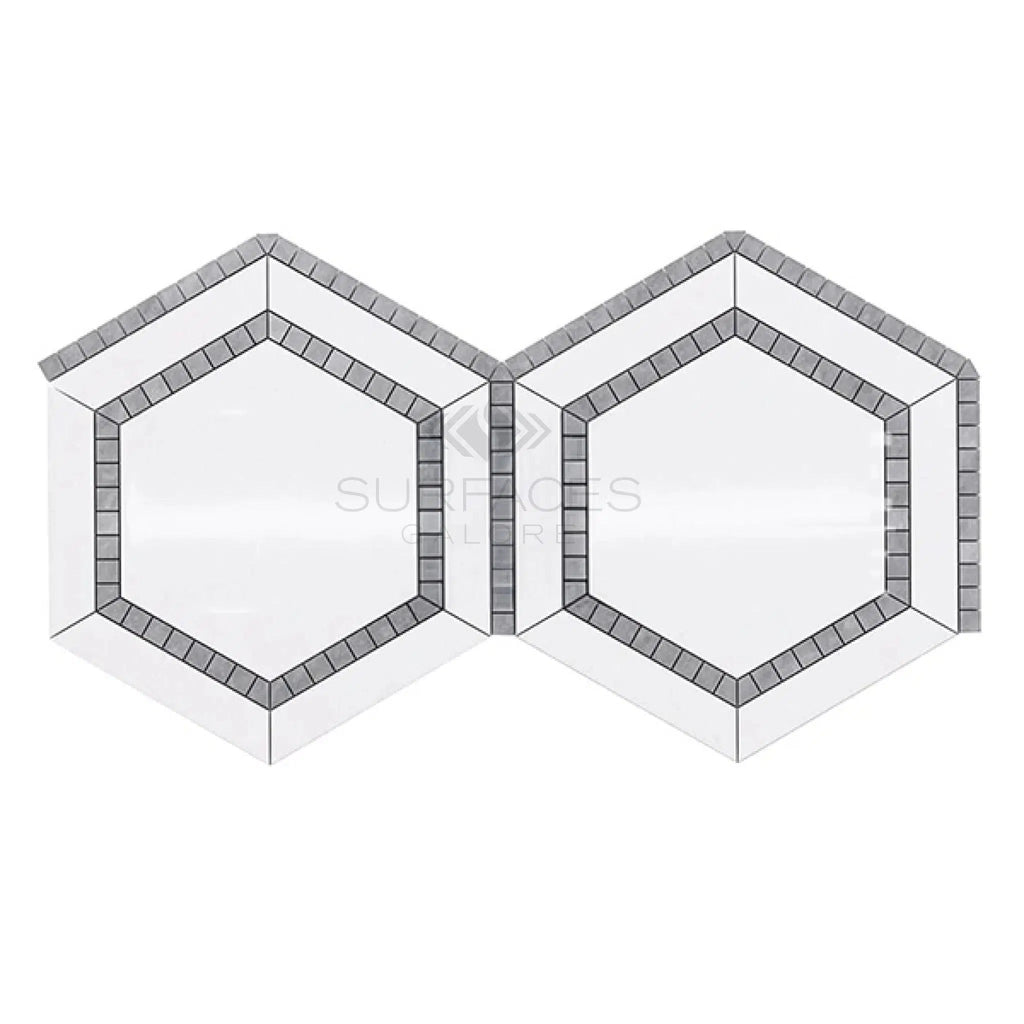 Thassos White (Greek) 5X5 Hexagon Combination w/Blue - Gray Mosaic Marble Polished - Honed - SurfacesGalorePolished