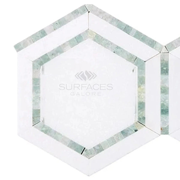 Thassos White (Greek) 5X5 Hexagon Combination w/Ming - Green Mosaic Marble Polished - Honed - SurfacesGalorePolished