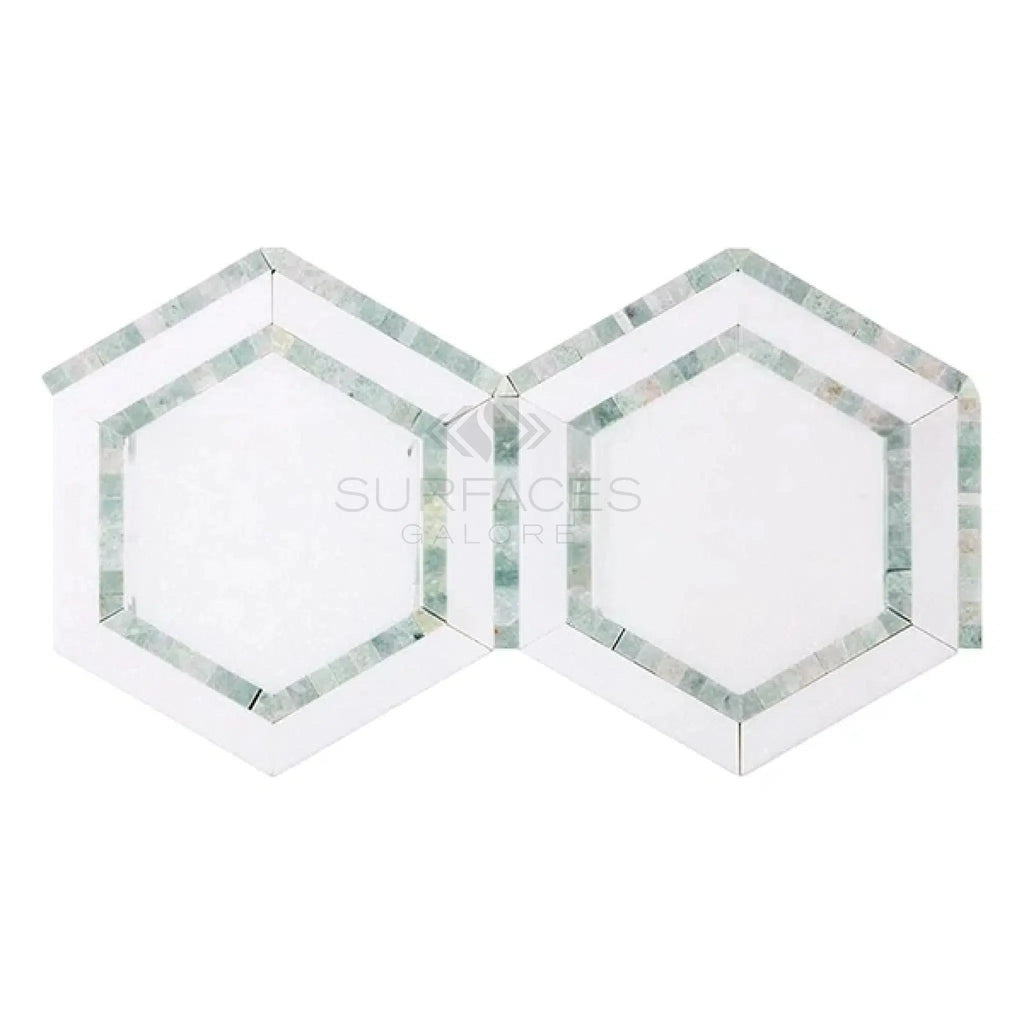 Thassos White (Greek) 5X5 Hexagon Combination w/Ming - Green Mosaic Marble Polished - Honed - SurfacesGalorePolished