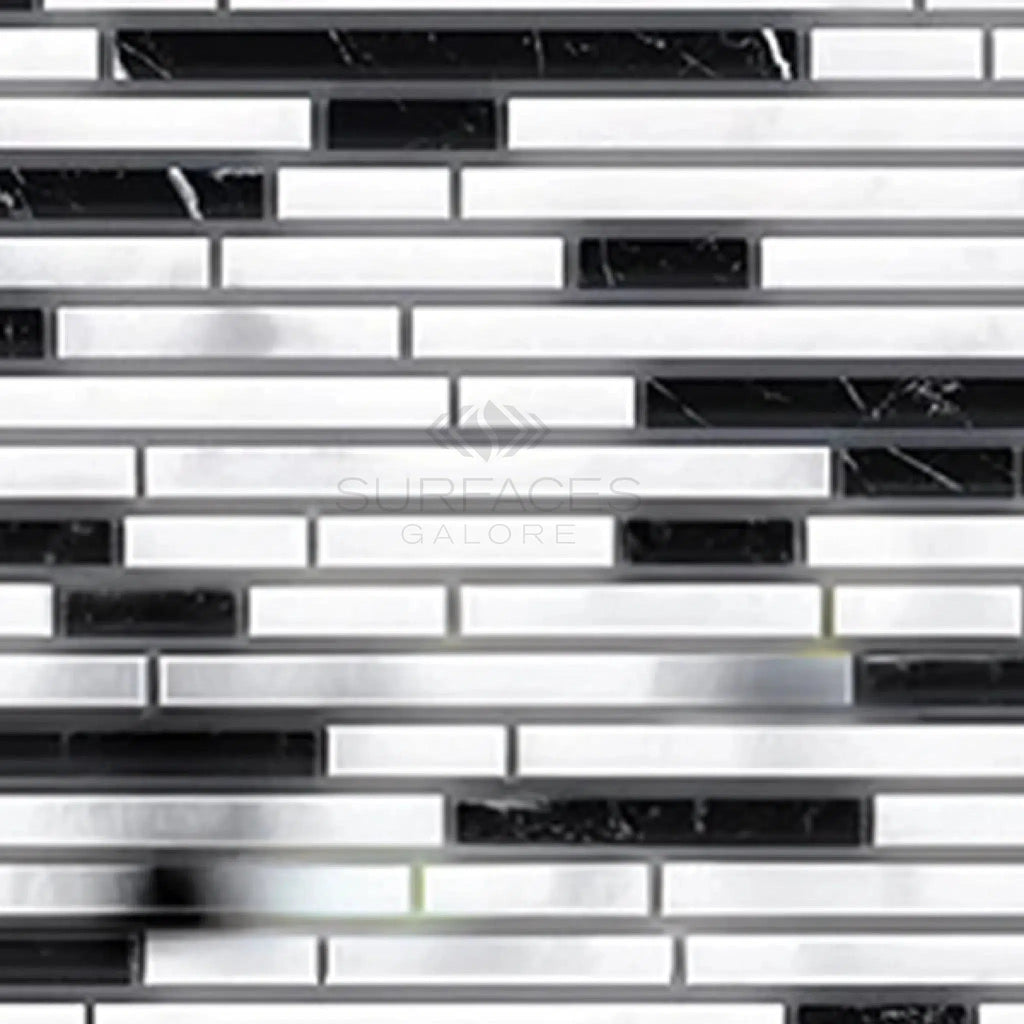 Thassos White (Greek) Bamboo Sticks (Thassos + Carrara + Black) Mosaic Marble Polished - Honed - SurfacesGalorePolished