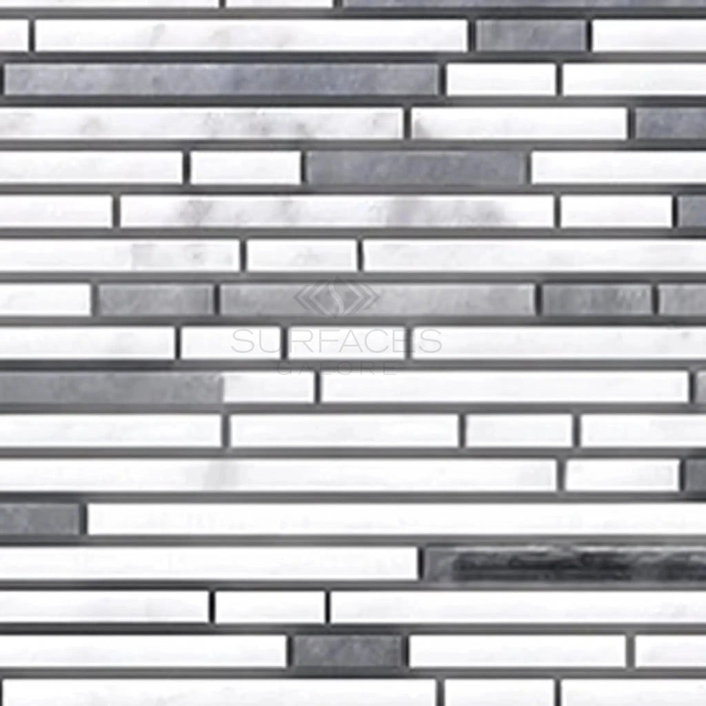 Thassos White (Greek) Bamboo Sticks (Thassos + Carrara + Blue - Gray) Mosaic Marble Polished - Honed - SurfacesGalorePolished