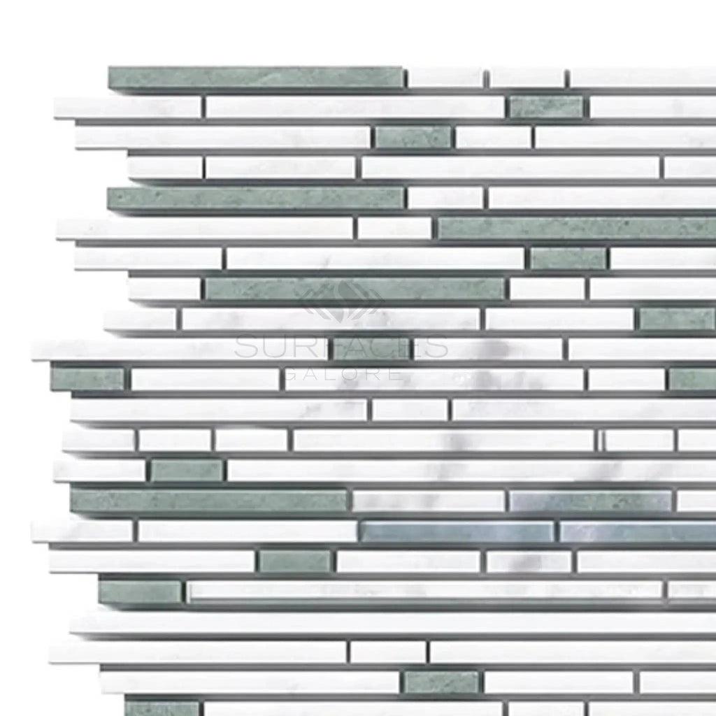 Thassos White (Greek) Bamboo Sticks (Thassos + Carrara + Ming Green) Mosaic Marble Polished - Honed - SurfacesGalorePolished