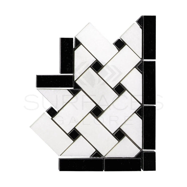 Thassos White (Greek) Basketweave Border CORNER (w/ Black) Marble Polished - Honed - SurfacesGalorePolished