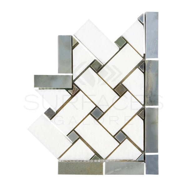 Thassos White (Greek) Basketweave Border CORNER (w/ Blue - Gray) Marble Polished - Honed - SurfacesGalorePolished