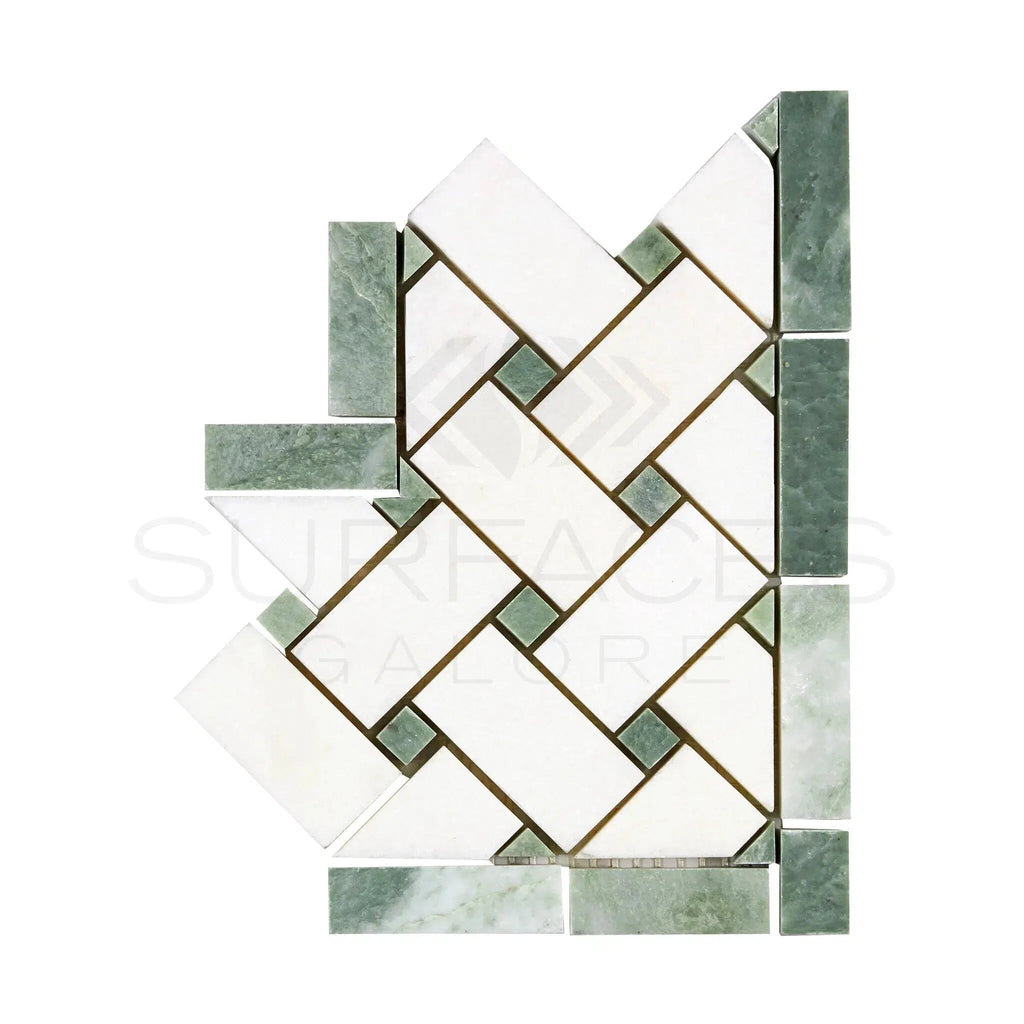 Thassos White (Greek) Basketweave Border CORNER (w/ Ming - Green) Marble Polished - Honed - SurfacesGalorePolished