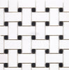 The Thassos White (Greek) Basketweave Mosaic (w/ Black) Marble Polished-Honed tiles from SurfacesGalore offer versatile applications and add a touch of luxury to any space with their interlocking basket weave pattern featuring small black square accents.