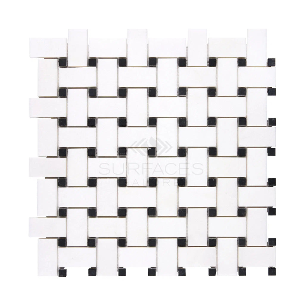 Thassos White (Greek) Basketweave Mosaic (w/ Black) Mosaic Marble Polished-Honed