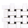 A woven design featuring the Thassos White (Greek) Basketweave Mosaic (w/ Black) Mosaic Marble Polished-Honed tiles from SurfacesGalore showcases its versatile applications on a flat surface.