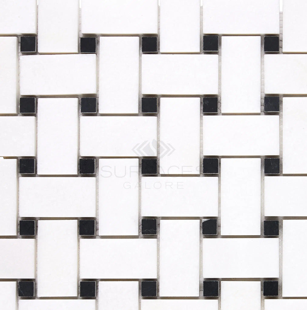 Thassos White (Greek) Basketweave Mosaic (w/ Black) Mosaic Marble Polished-Honed