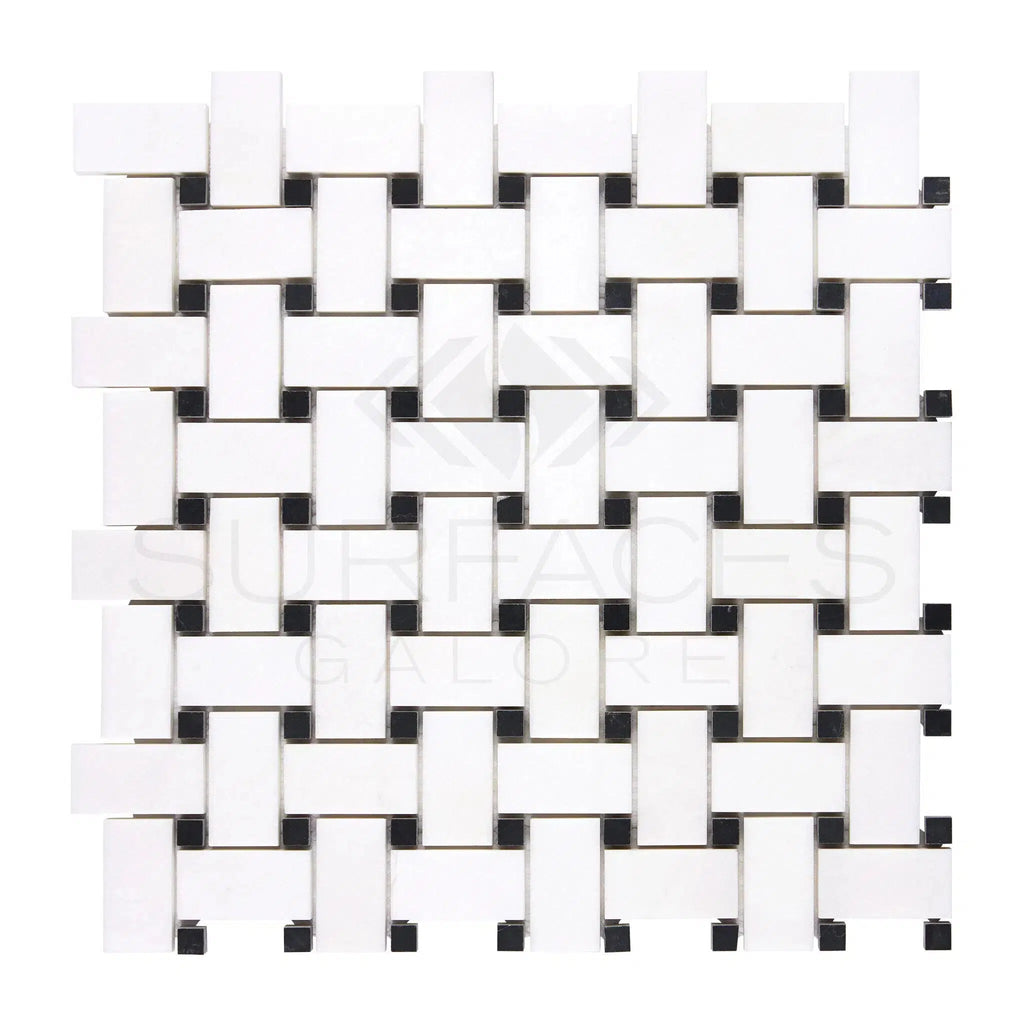 Thassos White (Greek) Basketweave Mosaic (w/ Black) Mosaic Marble Polished - Honed - SurfacesGalorePolished