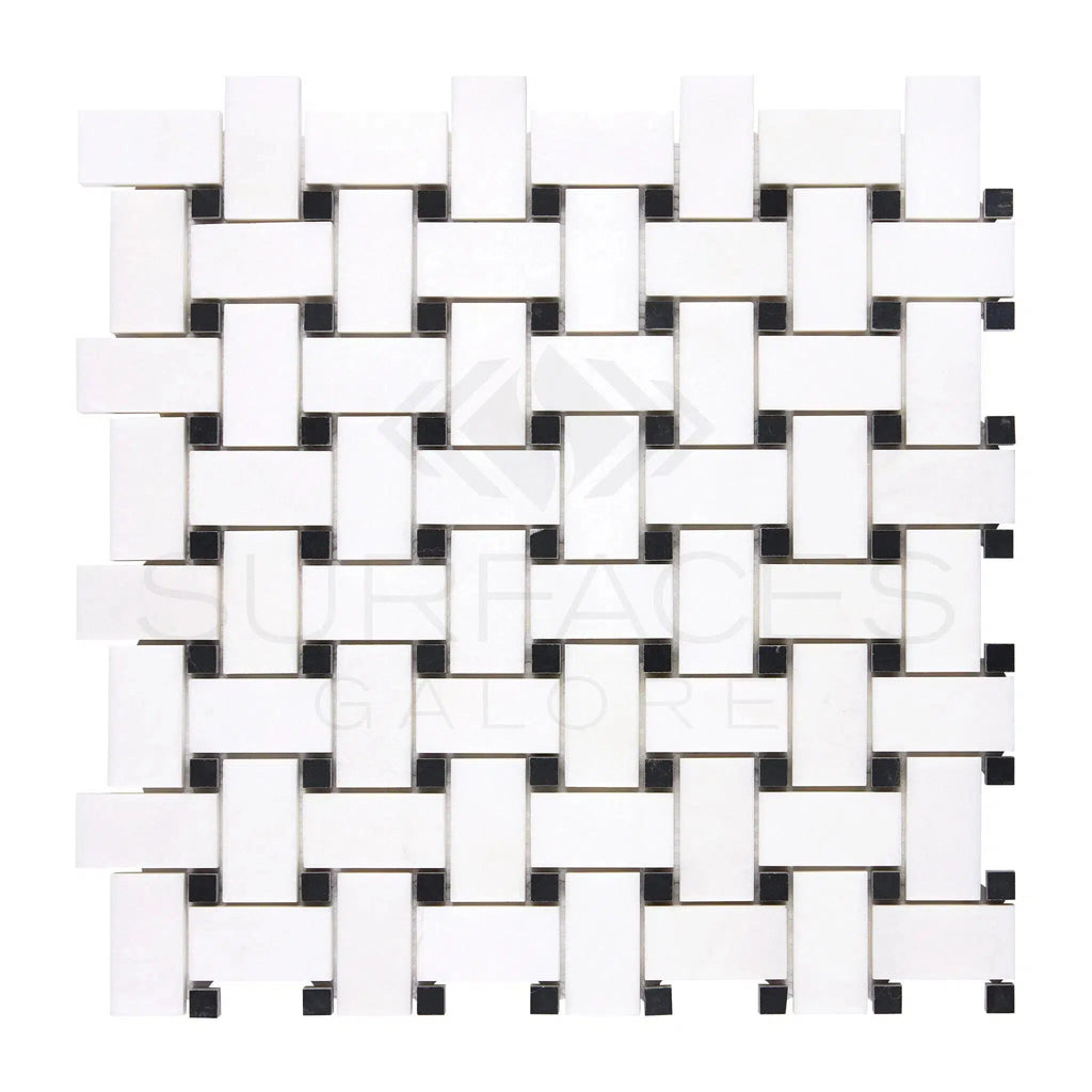 Thassos White (Greek) Basketweave Mosaic (w/ Black) Mosaic Marble Polished-Honed