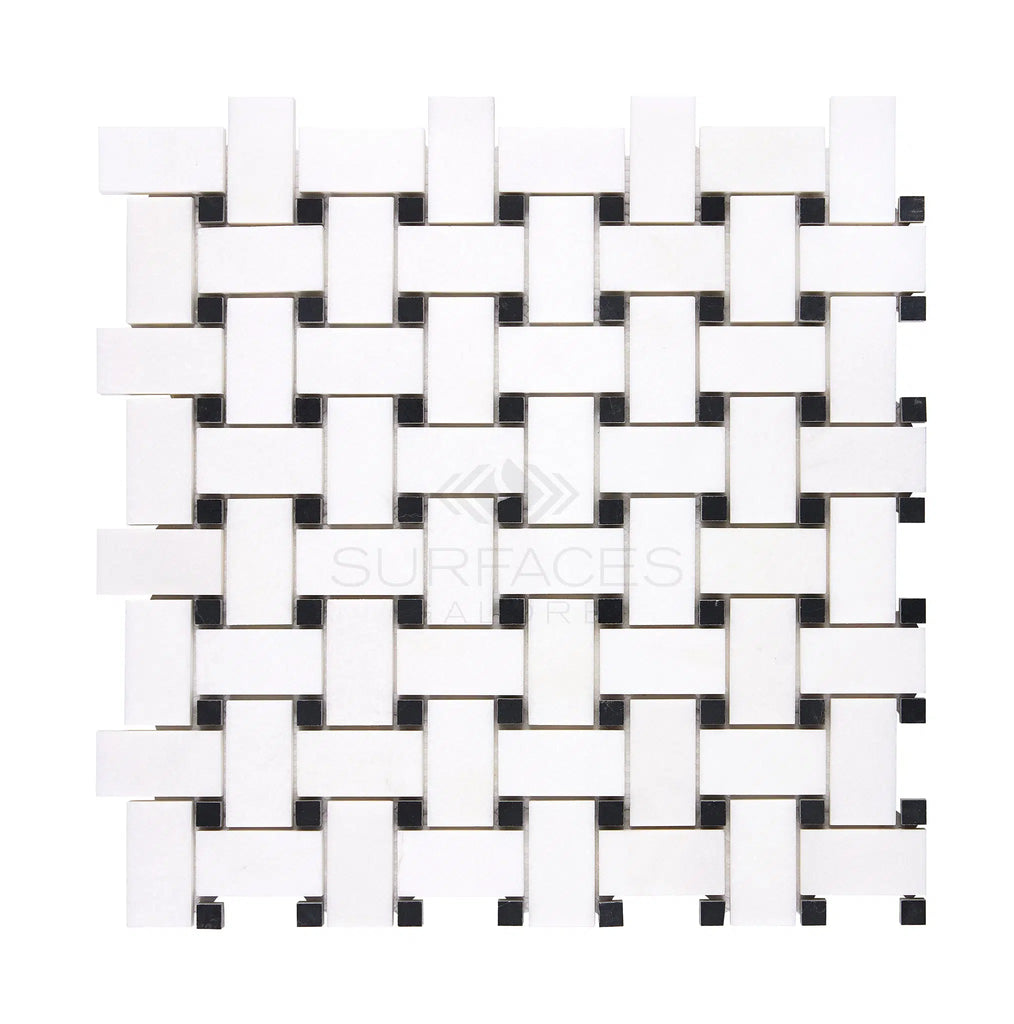 A versatile application, the Thassos White (Greek) Basketweave Mosaic (w/ Black) Marble Polished-Honed by SurfacesGalore features small black accents on a pristine white background.