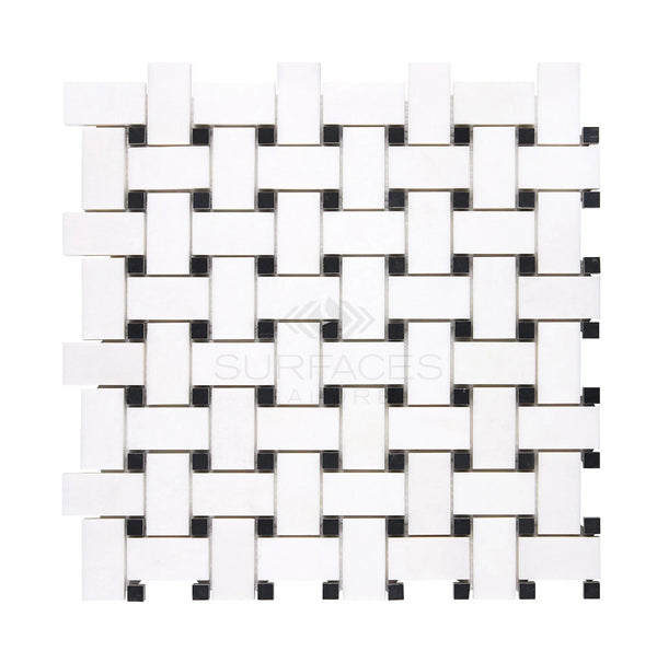 A versatile application, the Thassos White (Greek) Basketweave Mosaic (w/ Black) Marble Polished-Honed by SurfacesGalore features small black accents on a pristine white background.