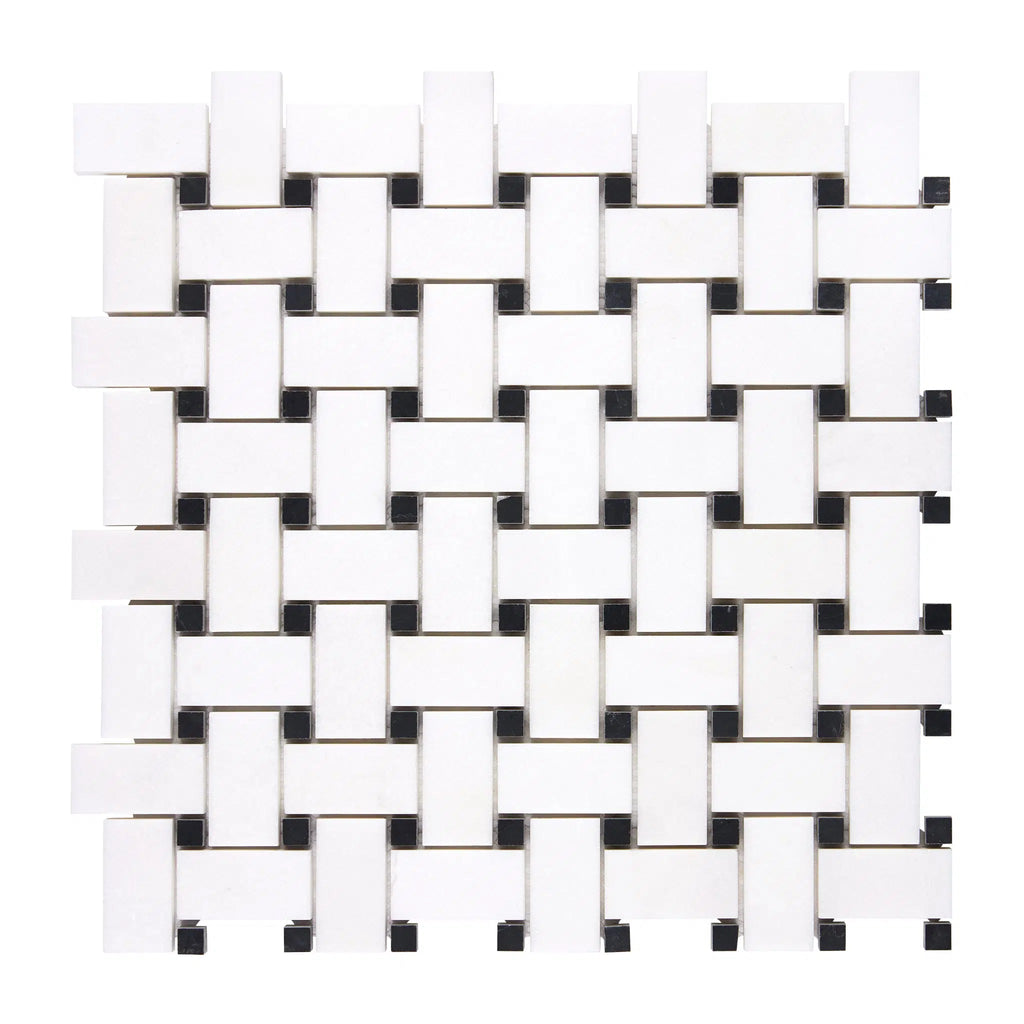 Thassos White (Greek) Basketweave Mosaic (w/ Black) Mosaic Marble Polished-Honed