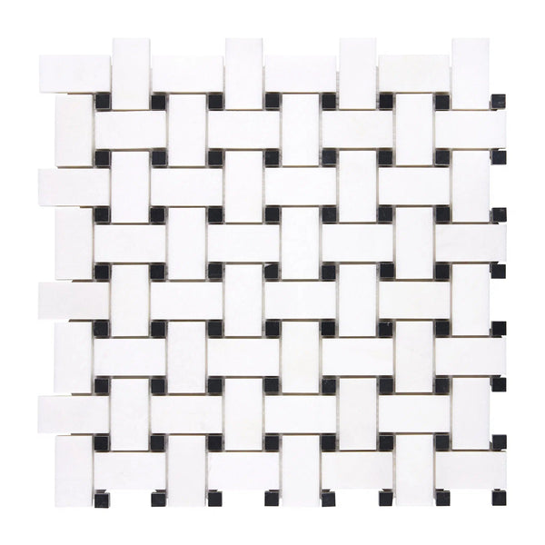 Thassos White (Greek) Basketweave Mosaic (w/ Black) Mosaic Marble Polished-Honed