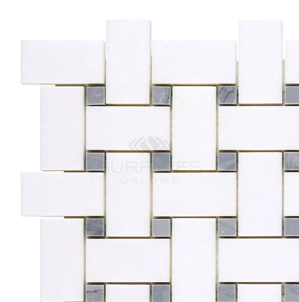 Close-up of the Thassos White (Greek) Basketweave Mosaic (w/ Blue-Gray) Mosaic Marble Polished-Honed by SurfacesGalore, featuring white rectangular tiles complemented by small silver square tiles.